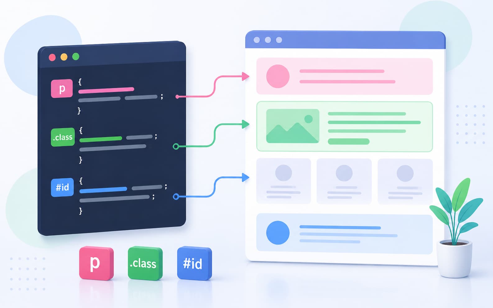 CSSセレクタによってHTML要素へスタイルが適用される仕組みを表現したイメージ