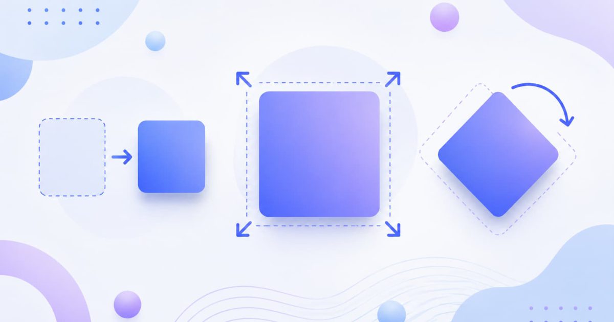 CSSのtransformによる移動・拡大縮小・回転の変形をイメージしたイラスト