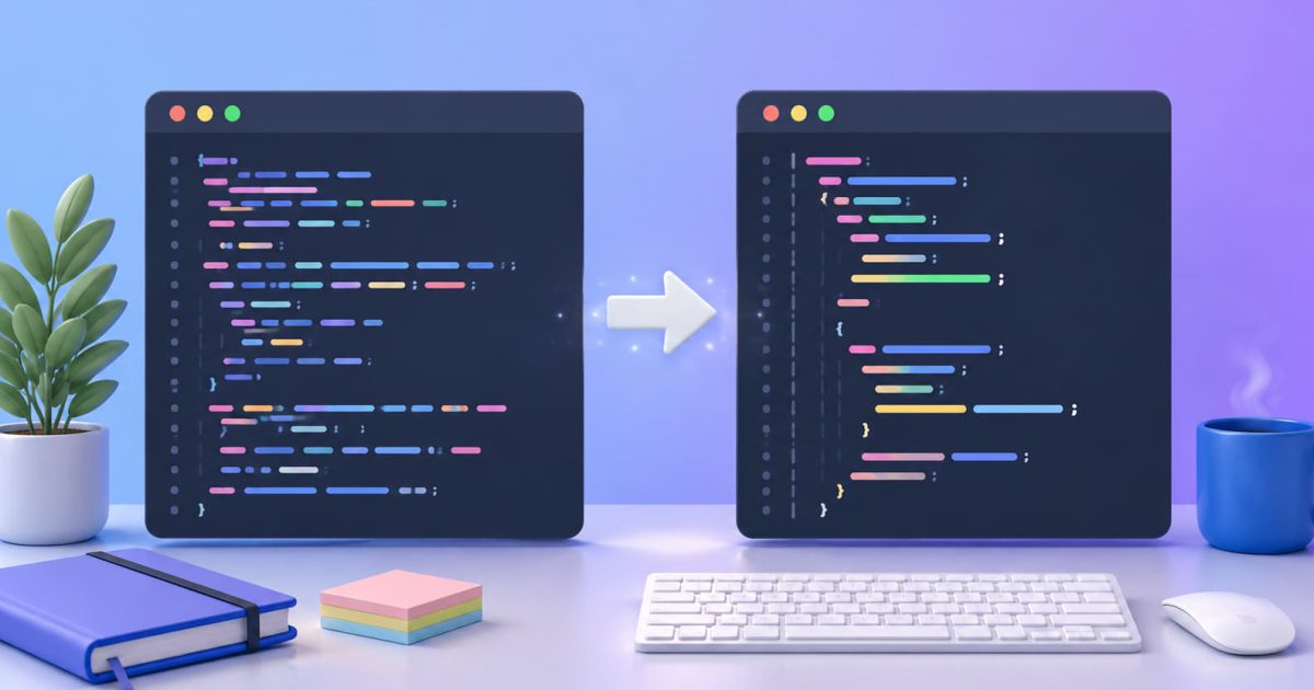 Prettierによってコードが自動整形され、整理された開発環境を表現したイメージ
