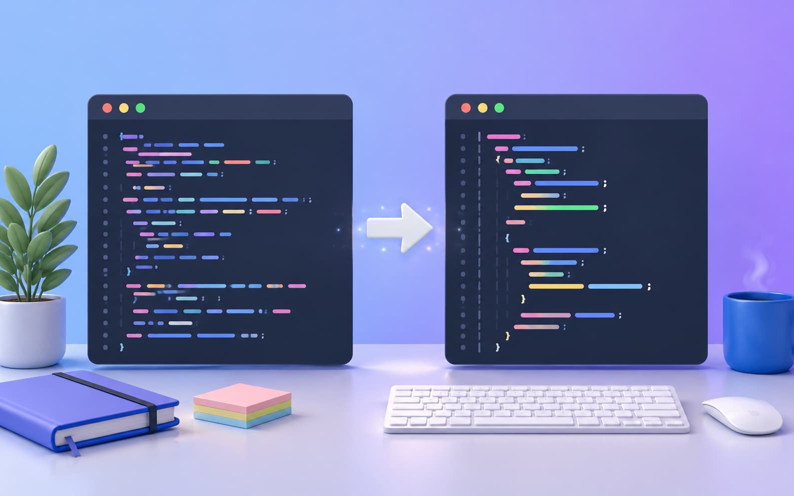 Prettierによってコードが自動整形され、整理された開発環境を表現したイメージ