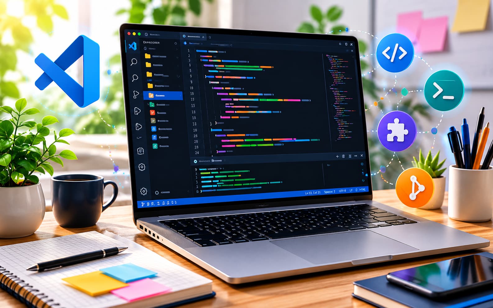 VS Codeを使ったWeb制作向けのコード編集画面と開発環境をイメージしたイラスト
