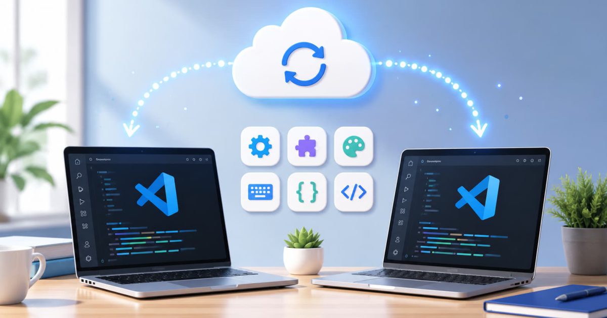 異なるPC間でVS Codeの設定や拡張機能をクラウド同期するバックアップと同期機能のイメージ
