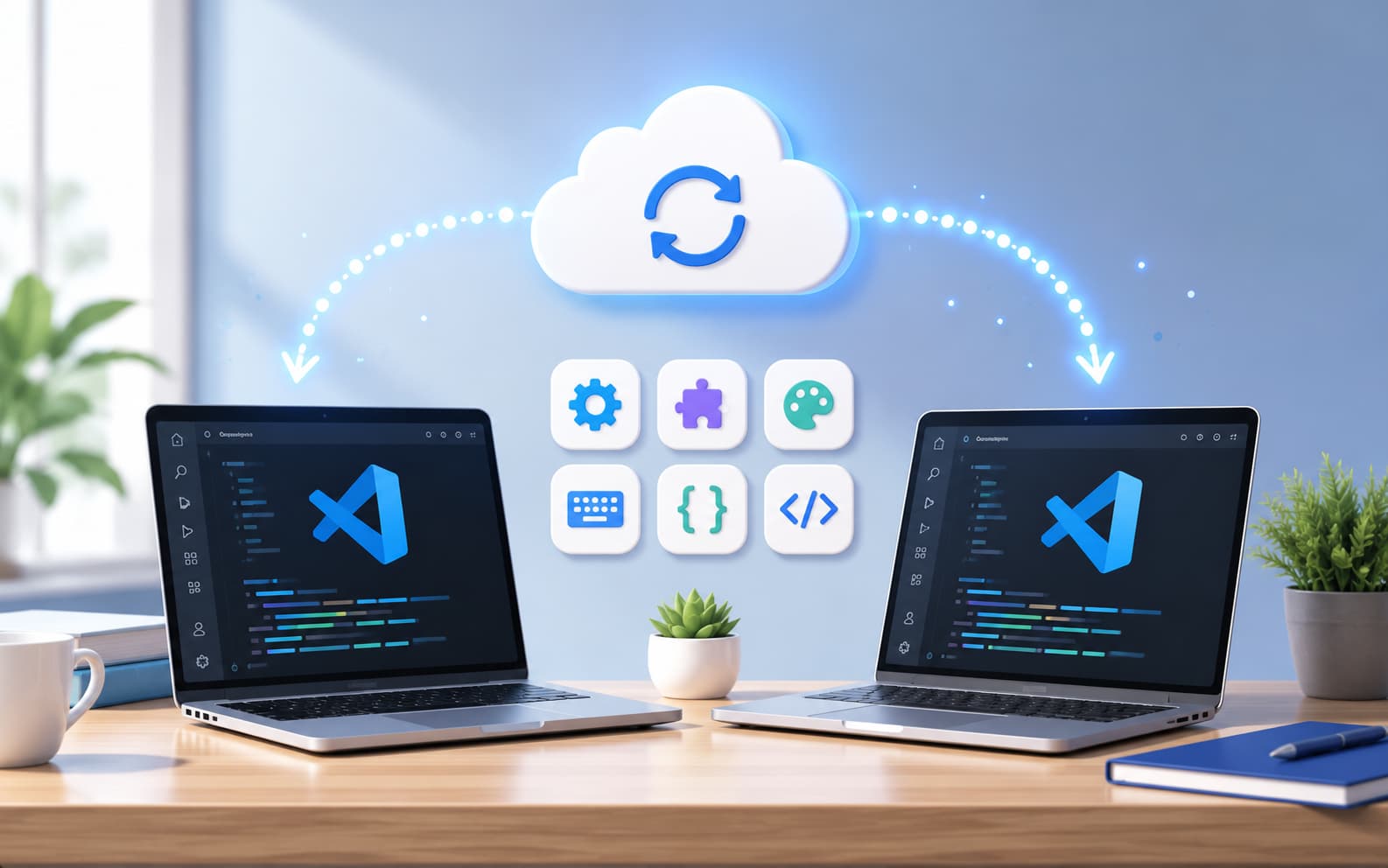 異なるPC間でVS Codeの設定や拡張機能をクラウド同期するバックアップと同期機能のイメージ