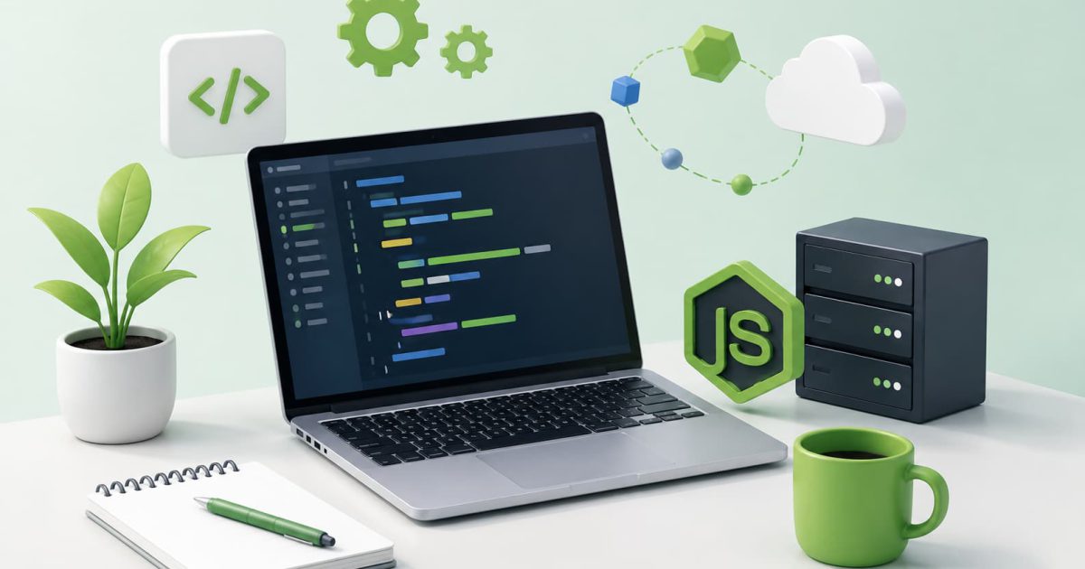 Node.jsによるWeb開発環境をイメージしたプログラミング学習用イラスト