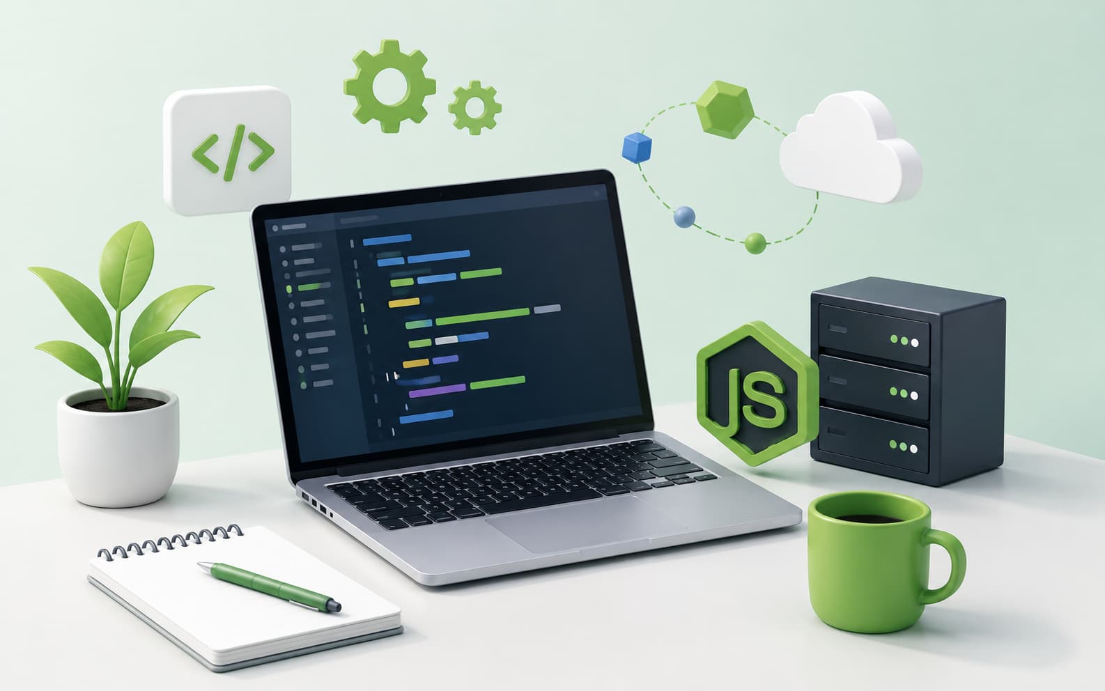 Node.jsによるWeb開発環境をイメージしたプログラミング学習用イラスト