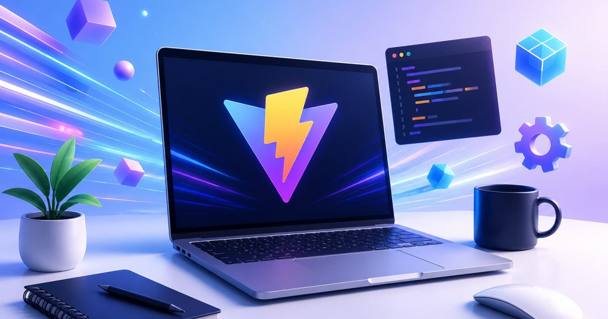 Viteを活用した高速なフロントエンド開発環境を表現したノートパソコンと開発ツールのイラスト