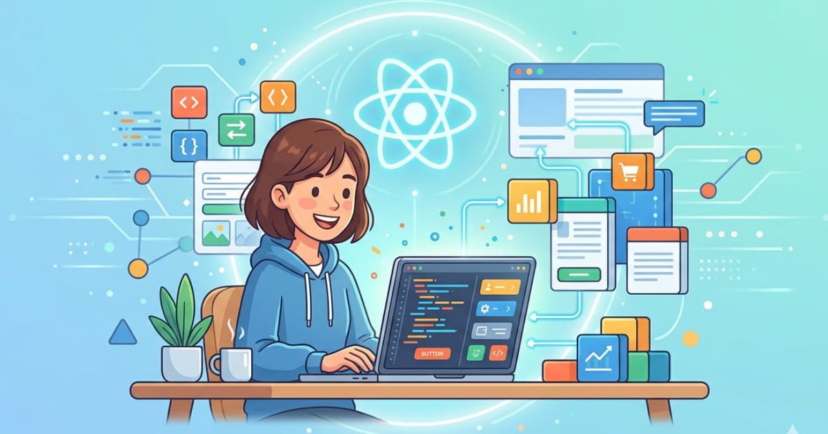 明るい青緑色のグラデーション背景の中、中央のReactロゴ（原子モデル）から、笑顔でパソコンに向かう女性、そして彼女の周りに浮かぶ、コードブロック、グラフ、カート、プロフィール、ブラウザ画面などの様々なWebアプリケーションコンポーネント、アイコン、接続線が広がる、クリーンでモダンなフラットイラスト。ReactとWeb開発の初心者向け解説イメージ。