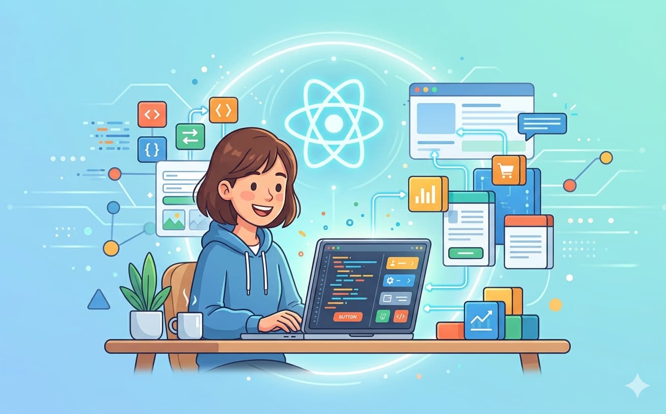 明るい青緑色のグラデーション背景の中、中央のReactロゴ（原子モデル）から、笑顔でパソコンに向かう女性、そして彼女の周りに浮かぶ、コードブロック、グラフ、カート、プロフィール、ブラウザ画面などの様々なWebアプリケーションコンポーネント、アイコン、接続線が広がる、クリーンでモダンなフラットイラスト。ReactとWeb開発の初心者向け解説イメージ。