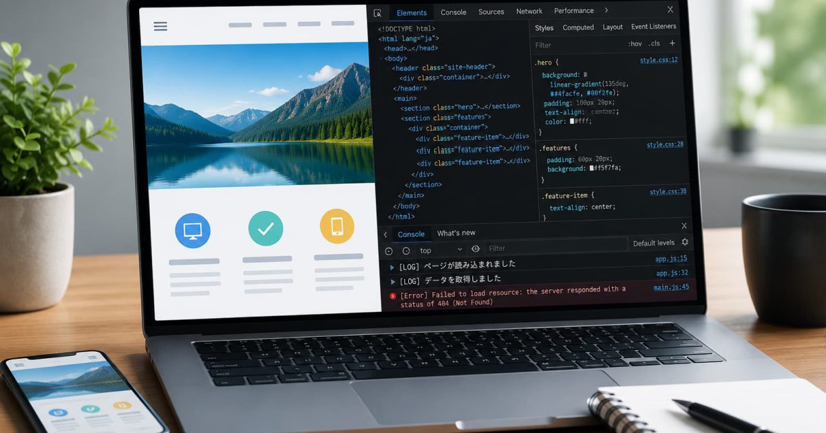 ブラウザのデベロッパーツールを使ってHTML・CSS・JavaScriptを検証しているWeb制作のイメージ