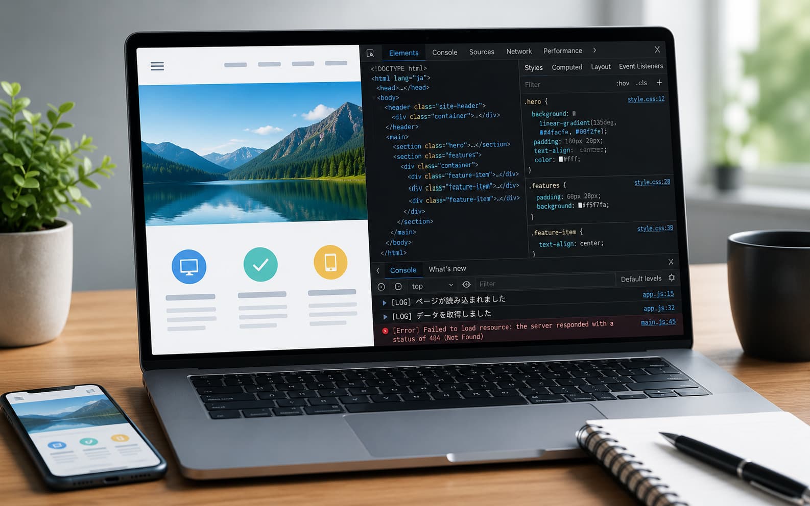 ブラウザのデベロッパーツールを使ってHTML・CSS・JavaScriptを検証しているWeb制作のイメージ
