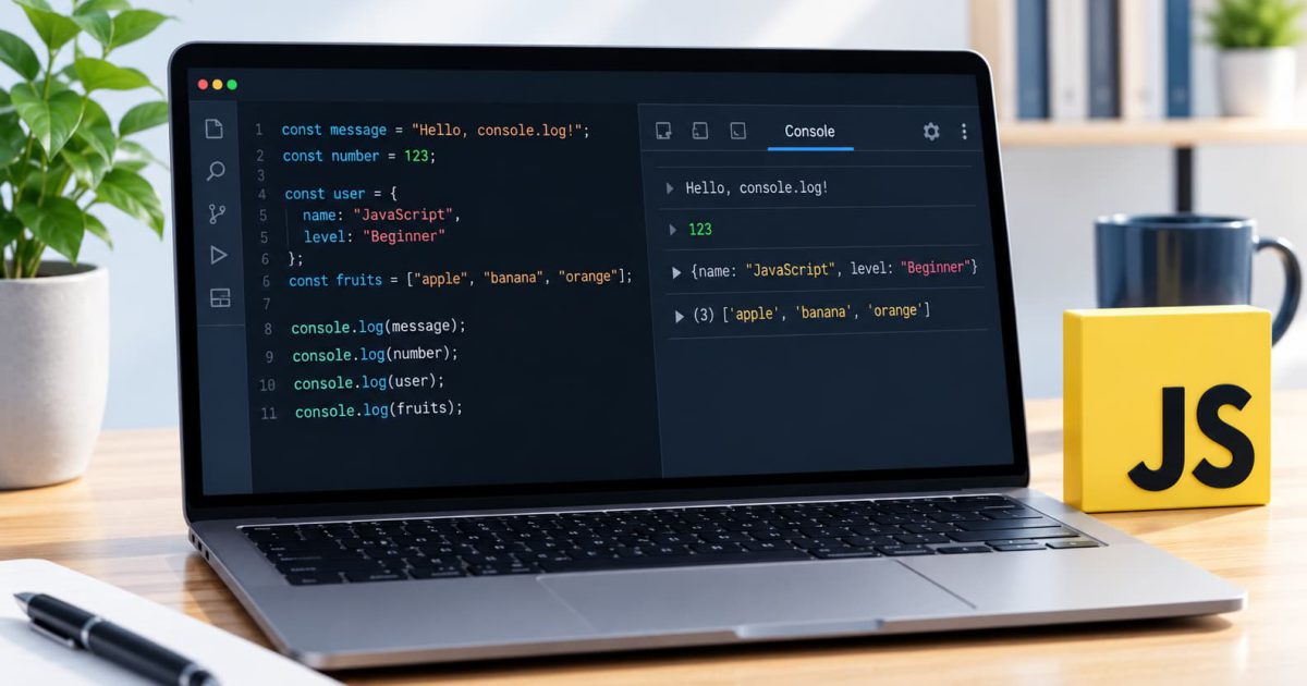 JavaScriptのconsole.log()を使ってコンソールでプログラムの動作を確認しているイメージ