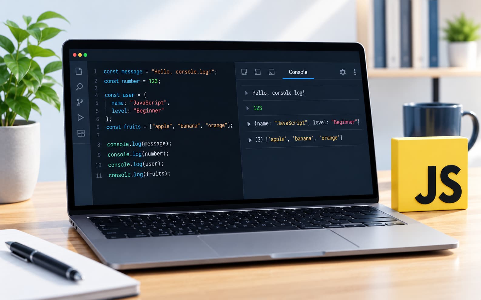 JavaScriptのconsole.log()を使ってコンソールでプログラムの動作を確認しているイメージ