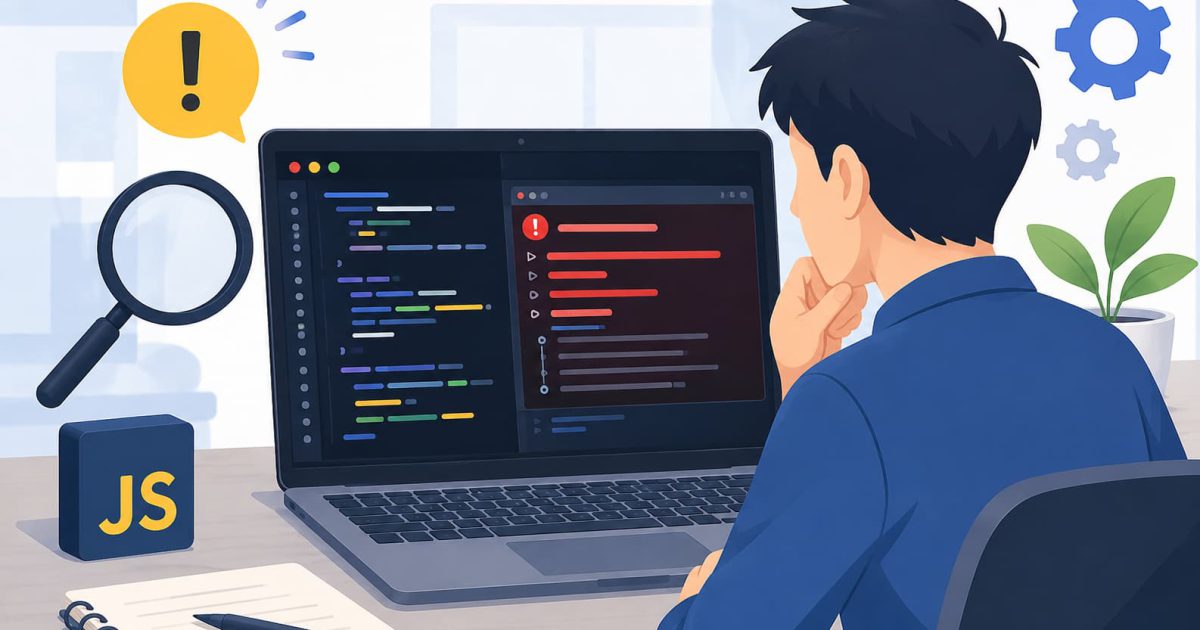 JavaScriptのエラーメッセージを確認しながらコードをデバッグする様子を表現したイラスト