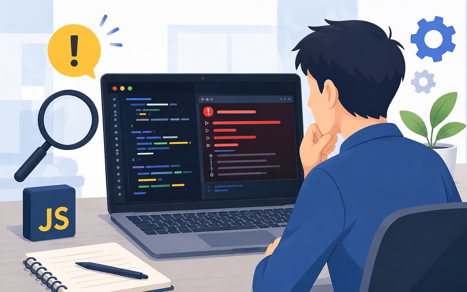 JavaScriptのエラーメッセージを確認しながらコードをデバッグする様子を表現したイラスト