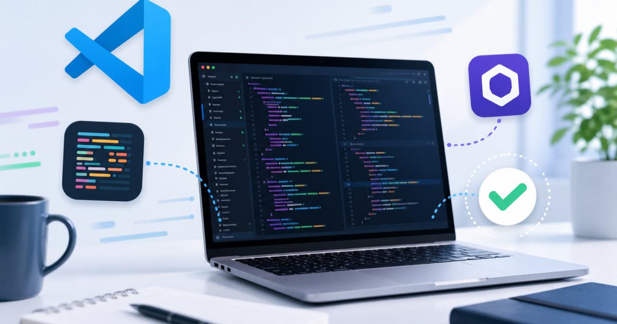 VS CodeでPrettierとESLintを導入し、コードを自動整形・静的解析しているイメージ