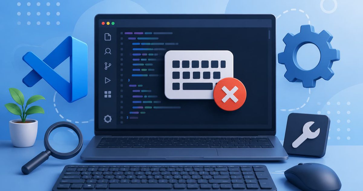 VS Codeのショートカットキーのトラブルシューティングをイメージした、キーボード・コードエディタ・設定アイコンが配置されたイラスト