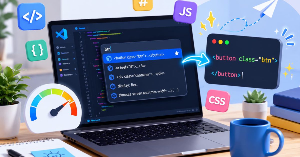 VS Codeのスニペット機能でコードテンプレートを素早く展開し、コーディングを効率化しているイメージ